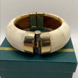 Vintage Ivory / Bone and Silver Bangle Bracelet with Wood Inlay